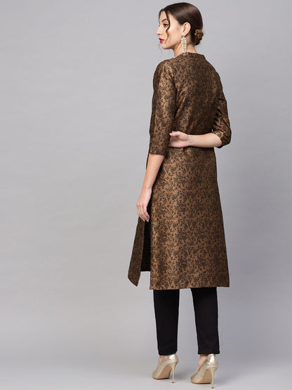 Women's  Coffee Brown & Black Woven Design Reversible Straight Kurta