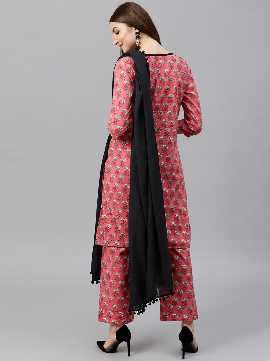 Women's  Pink & Black Printed Kurta with Palazzos & Dupatta