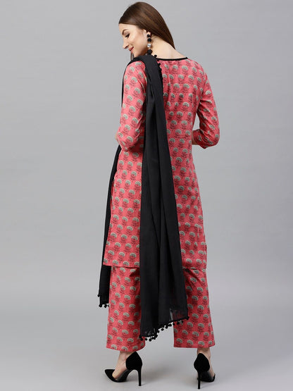 Women's  Pink & Black Printed Kurta with Palazzos & Dupatta