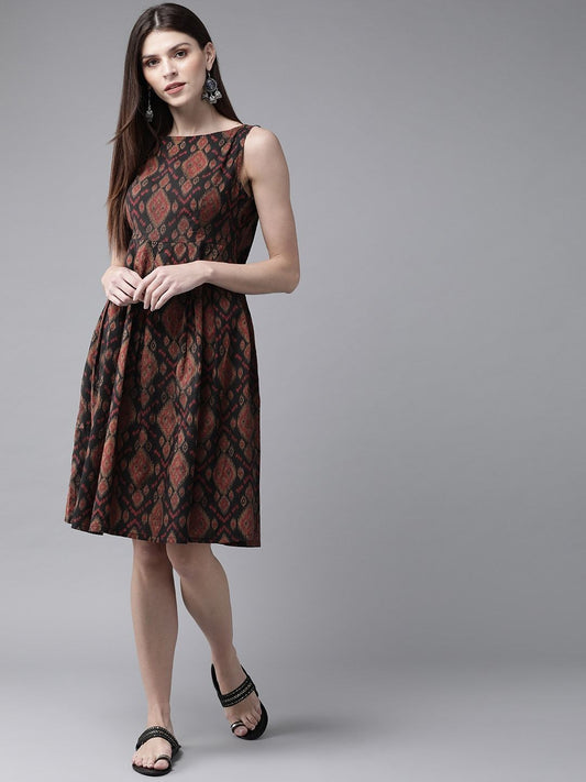 Women's  Black & Maroon Printed A-Line Dress
