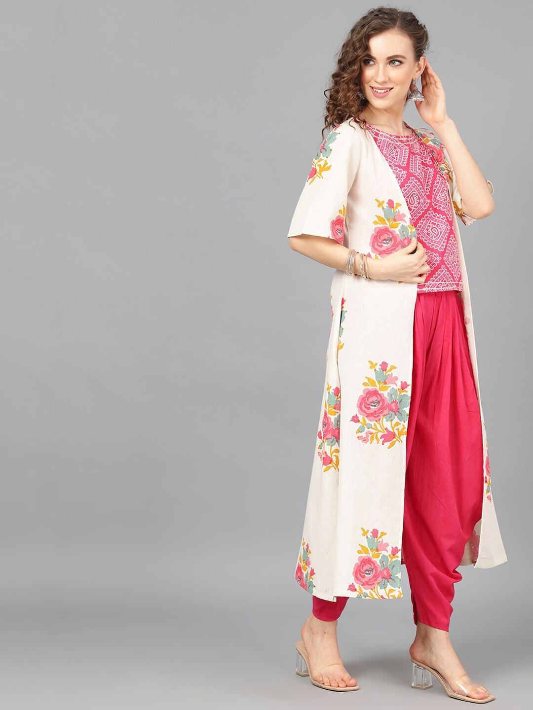 Women's  Off-White & Pink Floral Printed Open Front Shrug