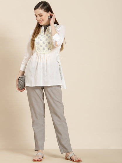 Women's  White Cotton Moss Embroidered A-Line Tunic