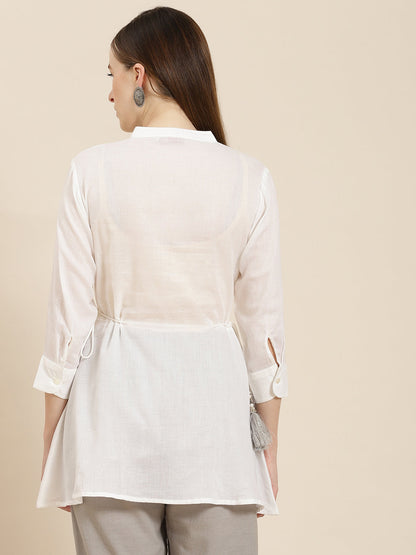 Women's  White Cotton Moss Embroidered A-Line Tunic