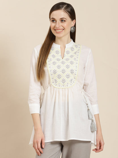 Women's  White Cotton Moss Embroidered A-Line Tunic