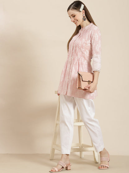 Women's  Babypink Cambric Printed A-Line Tunic