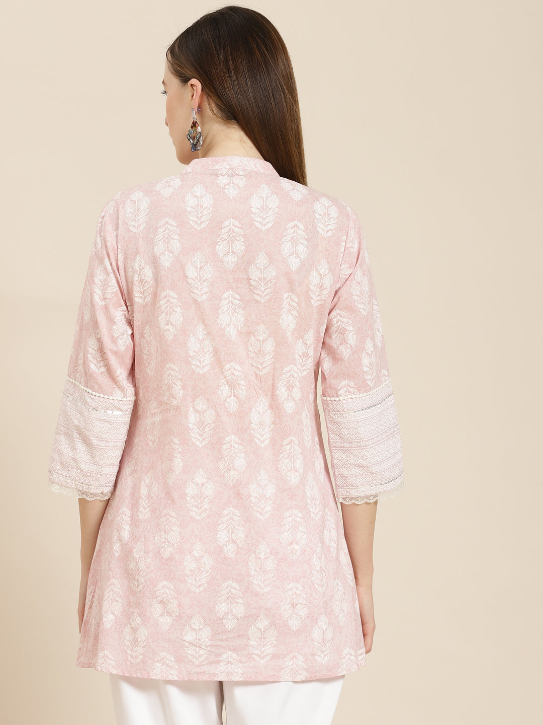 Women's  Babypink Cambric Printed A-Line Tunic