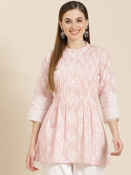 Women's  Babypink Cambric Printed A-Line Tunic