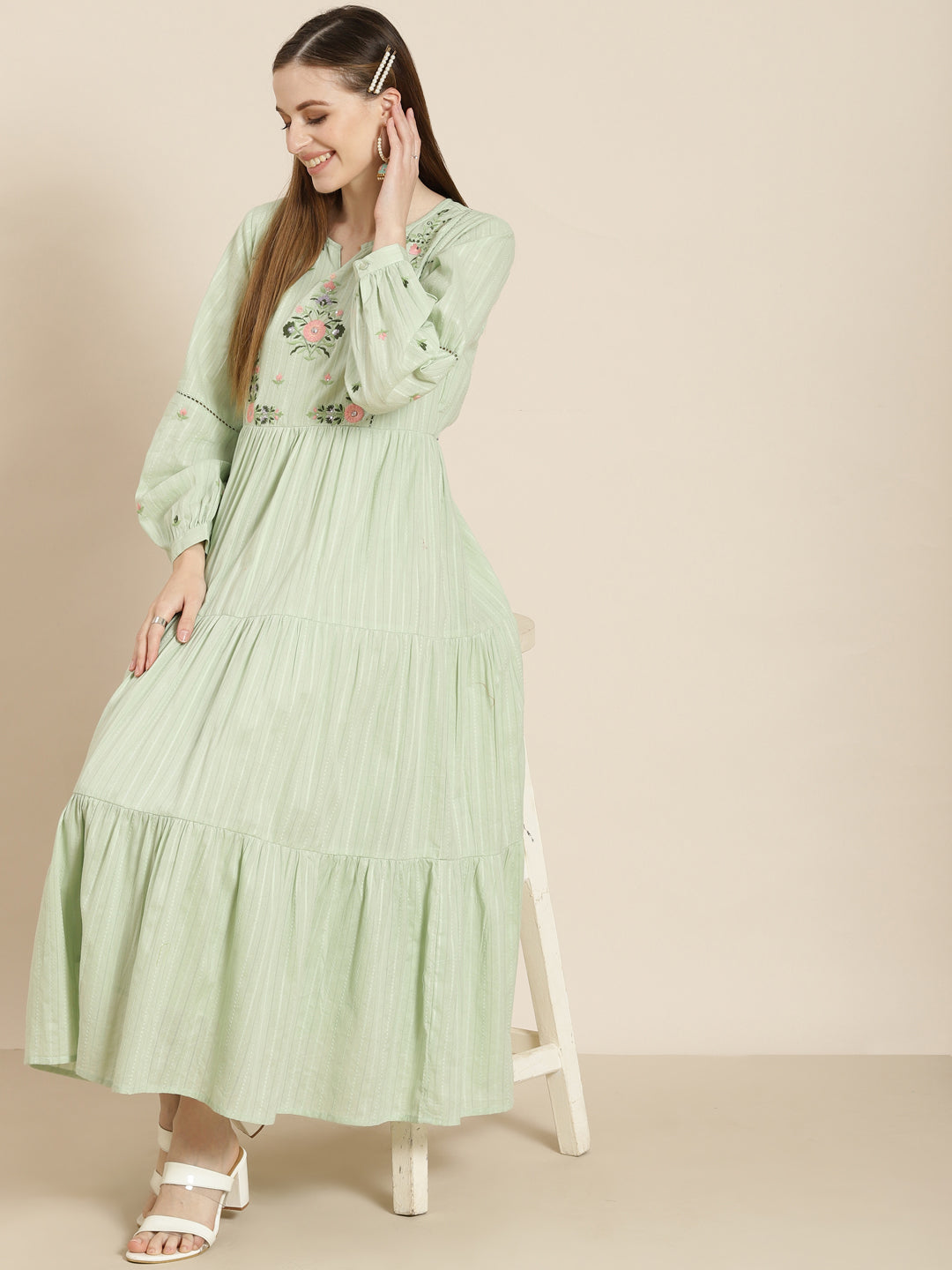 Women's  Sagegreen Cotton Dobby Embroidered Tiered Dress