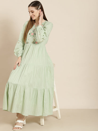Women's  Sagegreen Cotton Dobby Embroidered Tiered Dress
