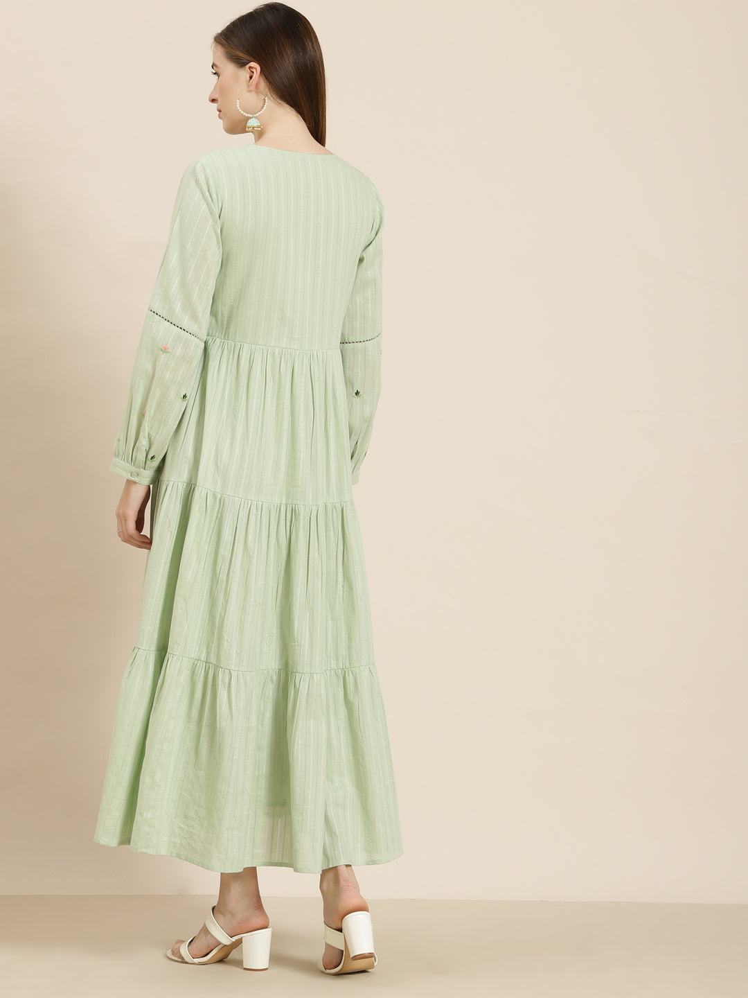 Women's  Sagegreen Cotton Dobby Embroidered Tiered Dress