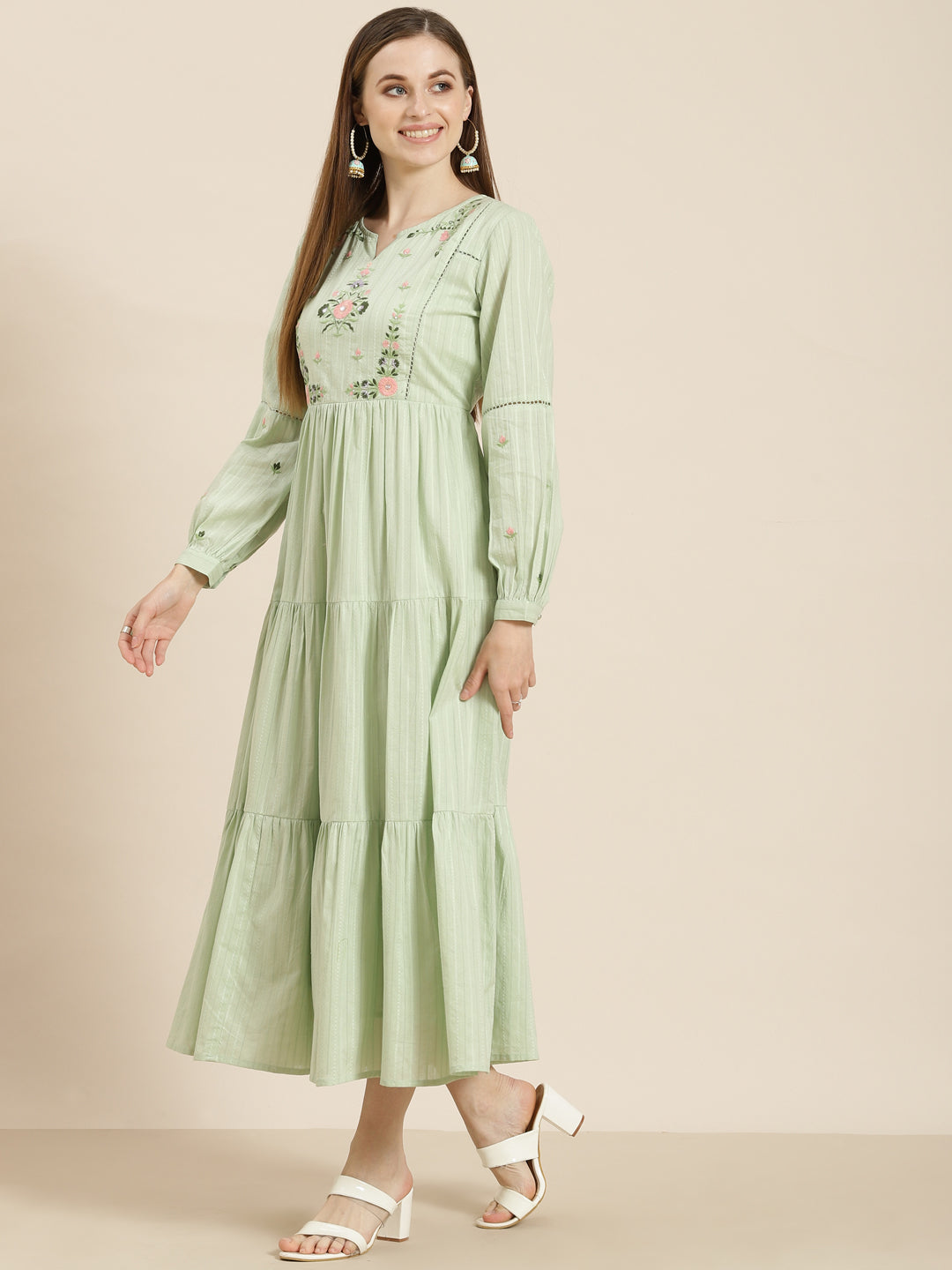 Women's  Sagegreen Cotton Dobby Embroidered Tiered Dress