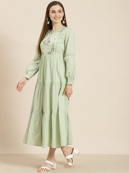 Women's  Sagegreen Cotton Dobby Embroidered Tiered Dress