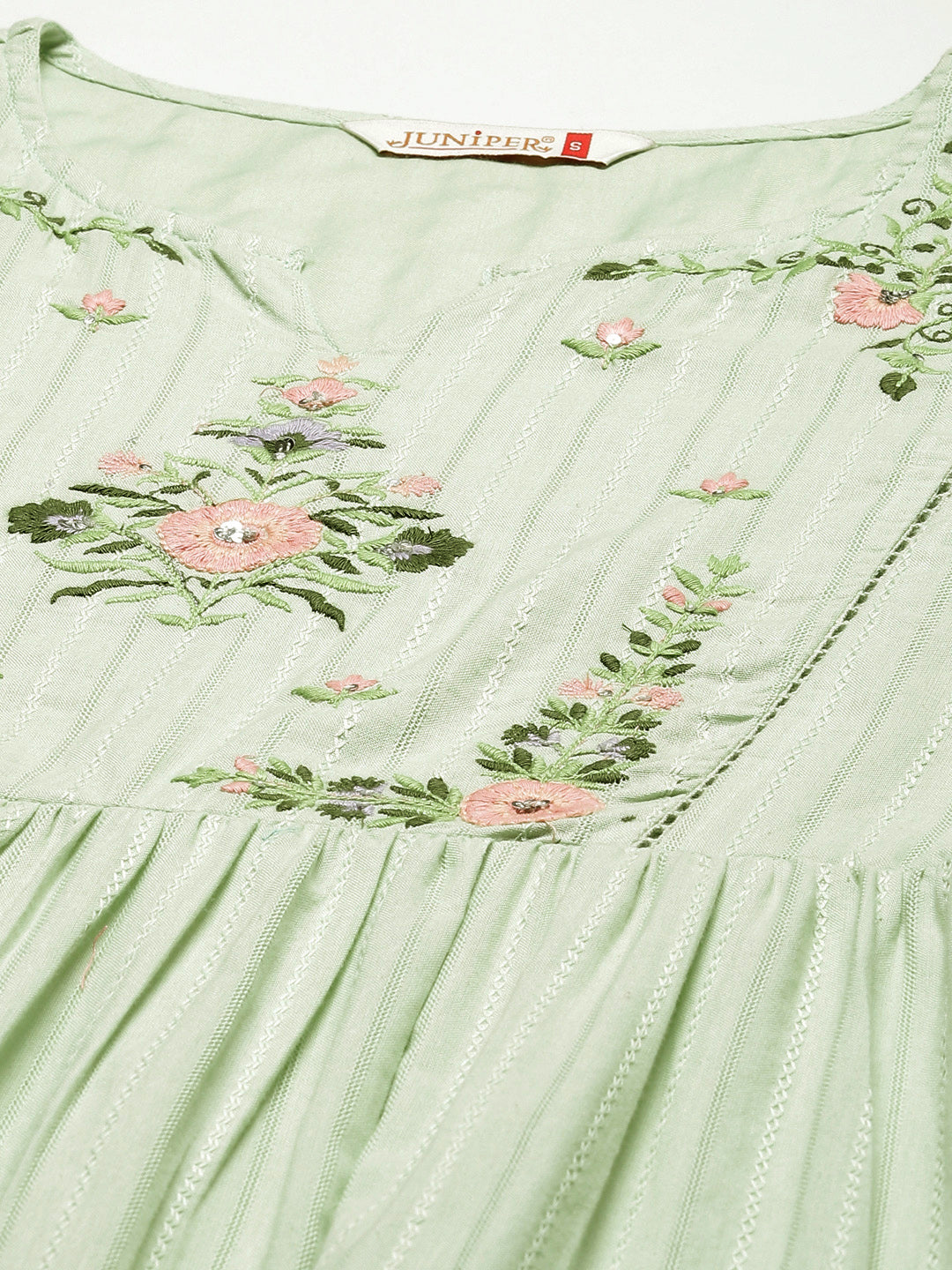 Women's  Sagegreen Cotton Dobby Embroidered Tiered Dress