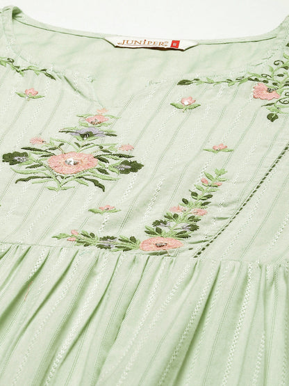 Women's  Sagegreen Cotton Dobby Embroidered Tiered Dress