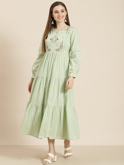 Women's  Sagegreen Cotton Dobby Embroidered Tiered Dress