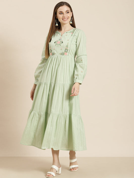 Women's  Sagegreen Cotton Dobby Embroidered Tiered Dress