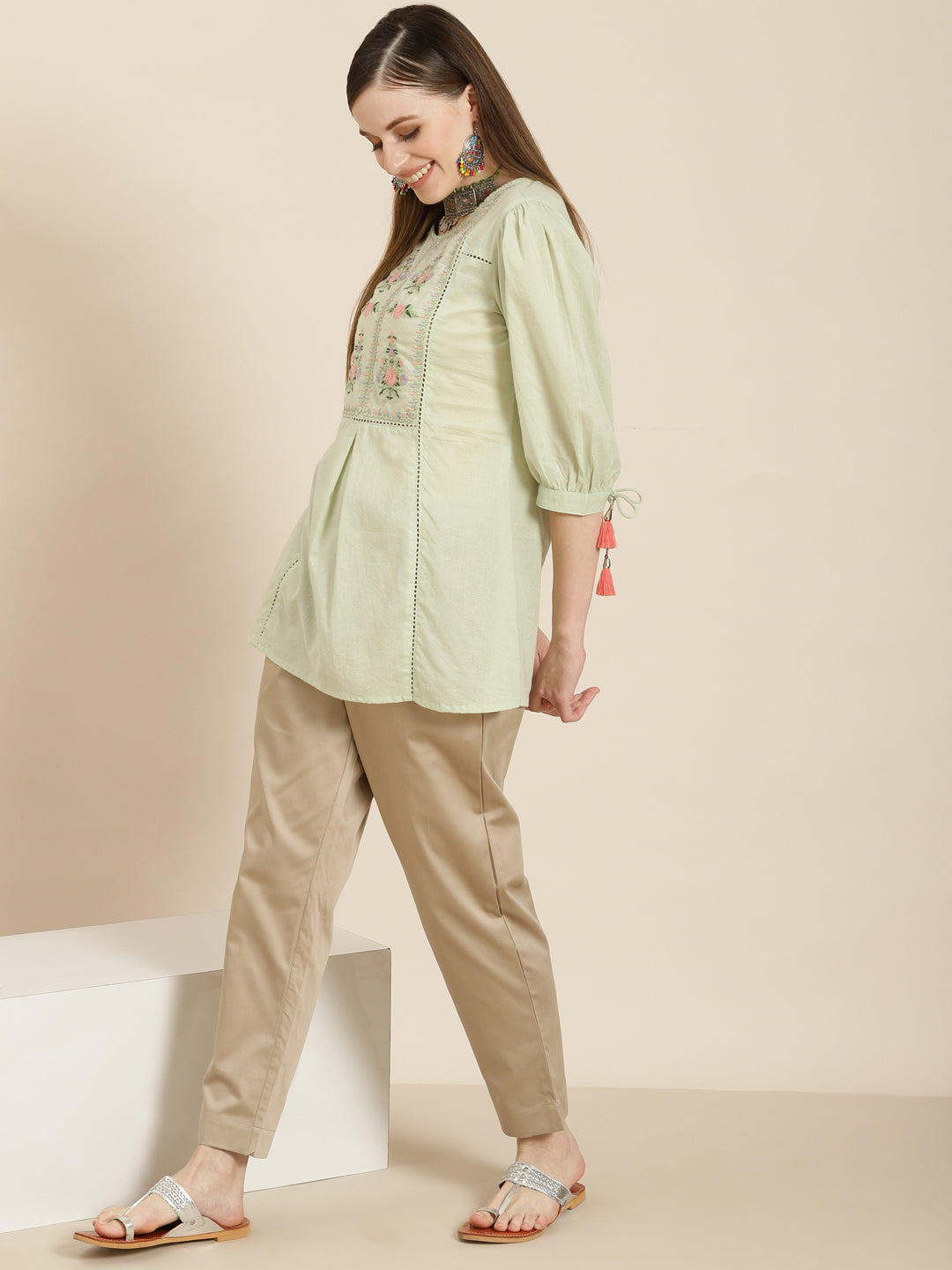 Women's  Sagegreen Cotton Dobby Embroidered A-Line Tunic