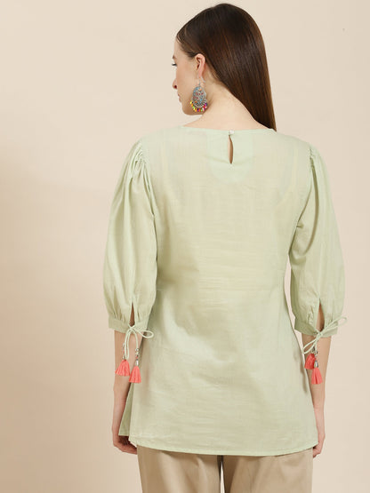 Women's  Sagegreen Cotton Dobby Embroidered A-Line Tunic