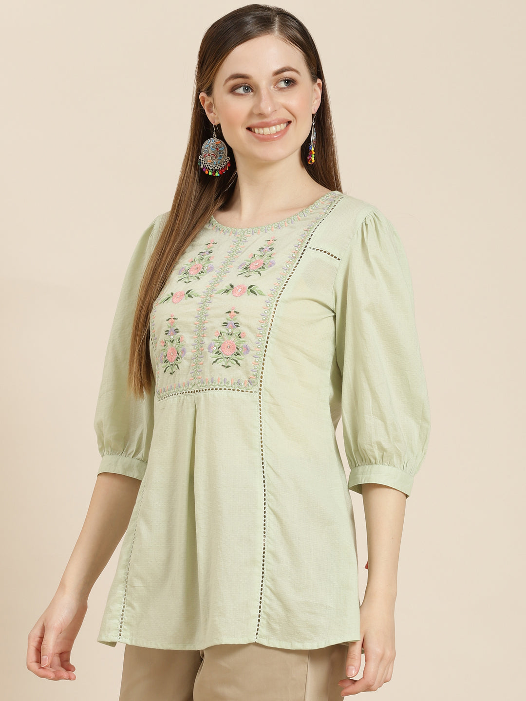 Women's  Sagegreen Cotton Dobby Embroidered A-Line Tunic