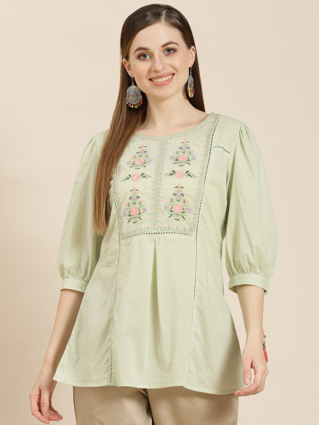 Women's  Sagegreen Cotton Dobby Embroidered A-Line Tunic
