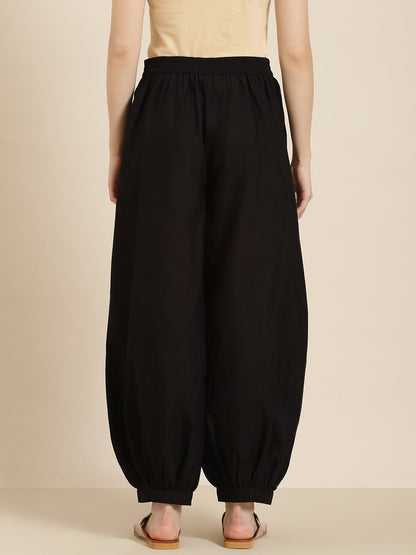 Women's  Black Cotton Flex Solid Stylized Dhoti Pant