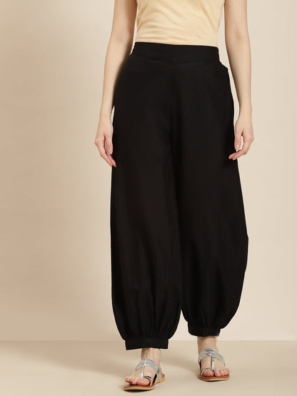 Women's  Black Cotton Flex Solid Stylized Dhoti Pant