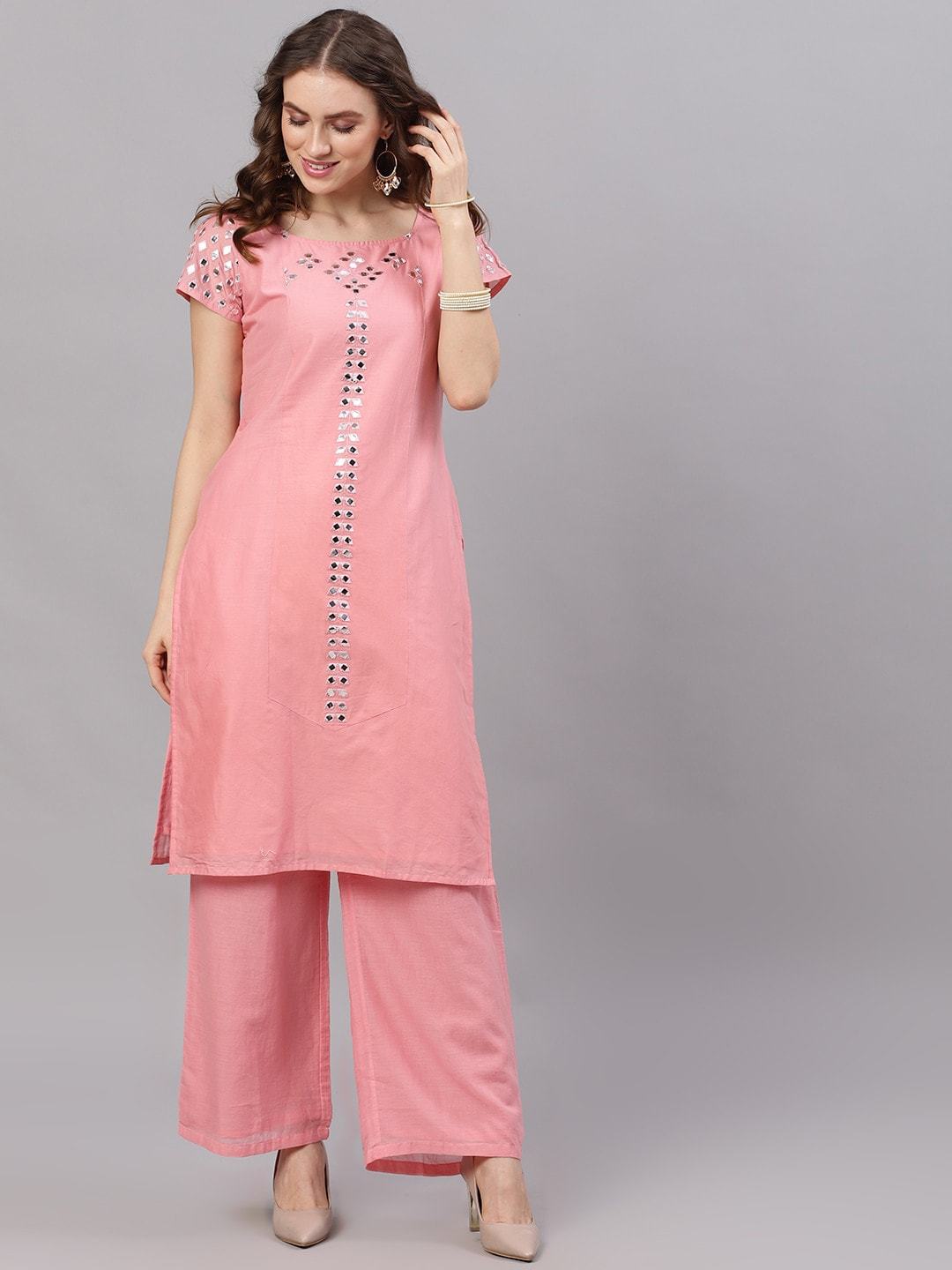 Women's  Pink Mirror Work Kurta with Palazzos