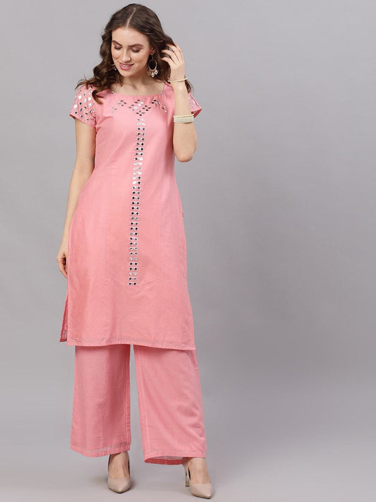 Women's  Pink Mirror Work Kurta with Palazzos