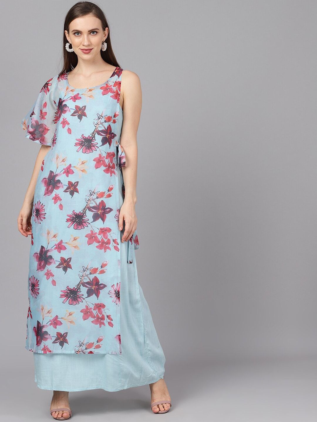 Women's  Blue & Pink Printed Layered Maxi Dress