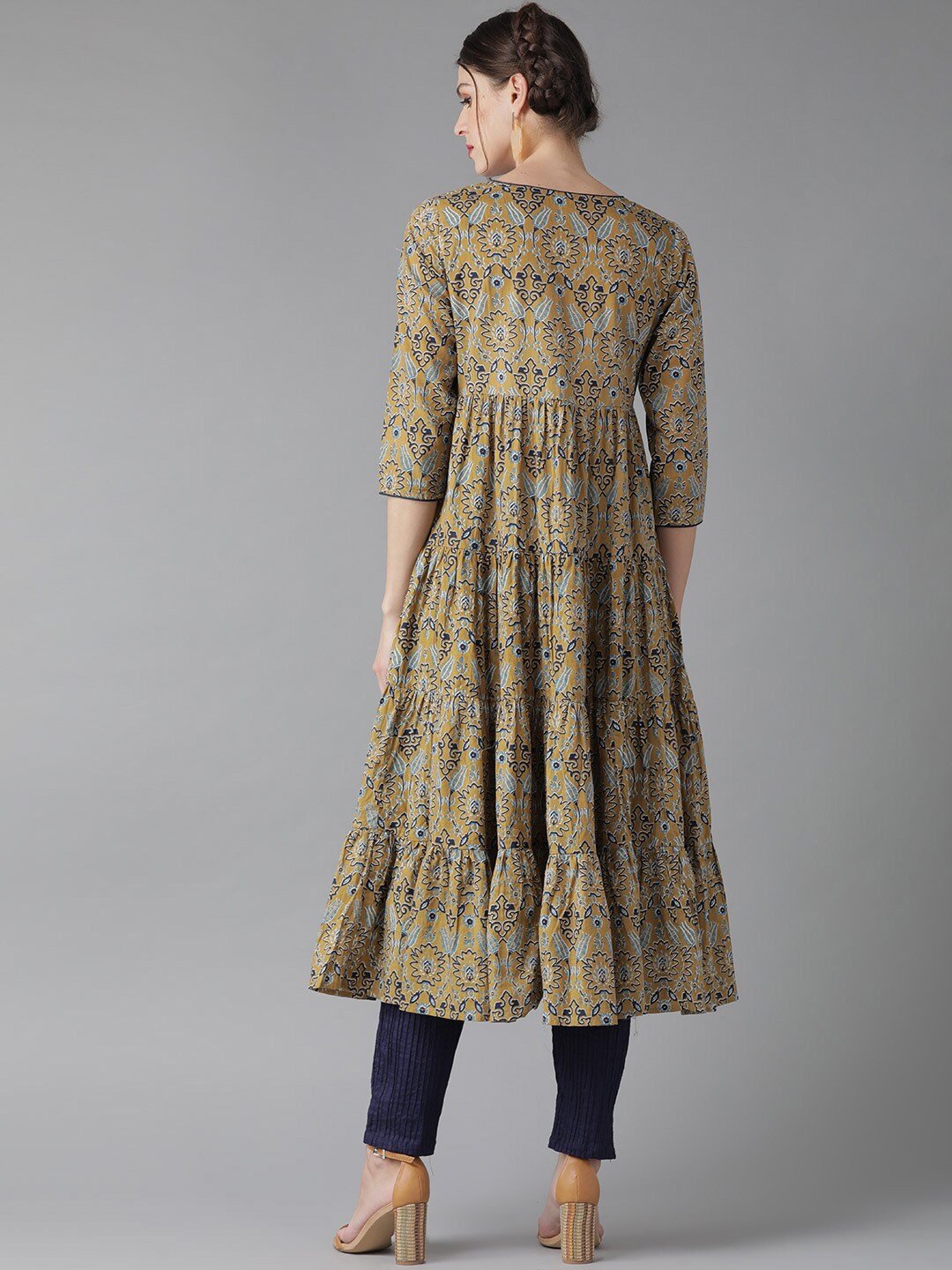 Women's  Beige & Blue Printed Tiered Anarkali Kurta