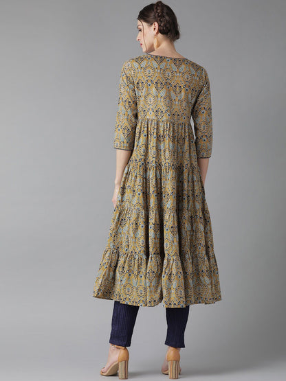 Women's  Beige & Blue Printed Tiered Anarkali Kurta