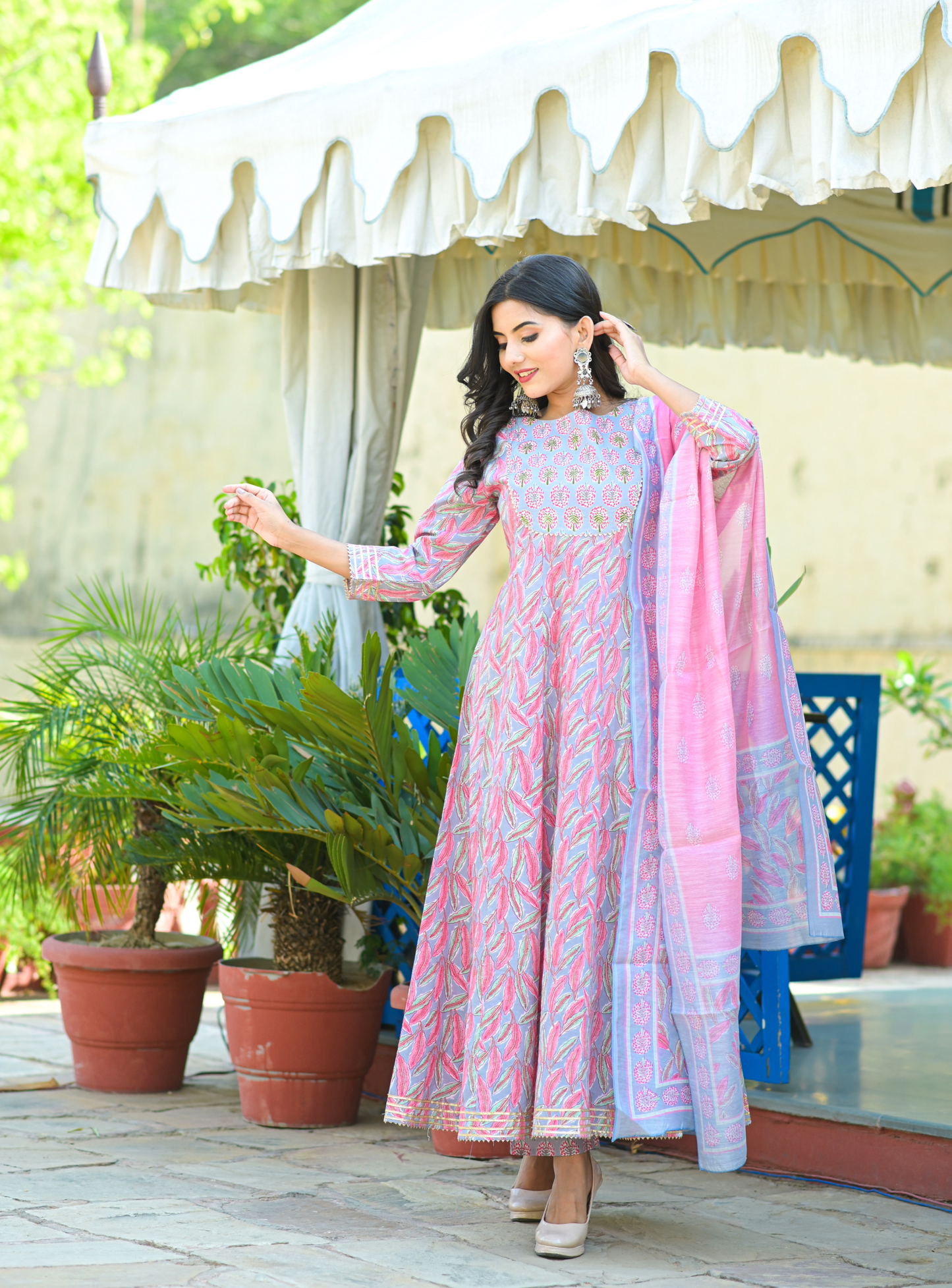 Women's Pink Handblock Dupatta Set