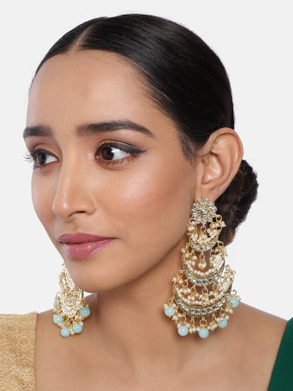 Women's Turquoise Gold Plated 3 Layered Beaded Chandbali Earrings With Kundan And Pearl Work