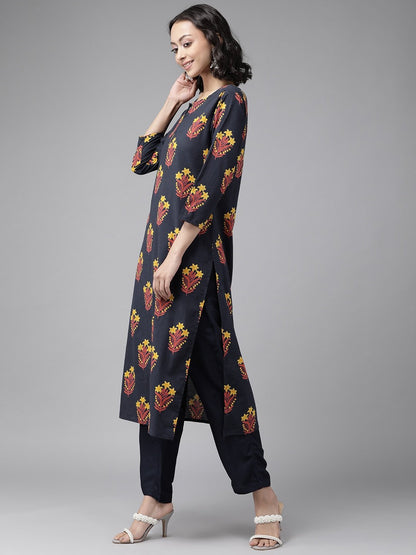 Women's Navy Blue & Mustard Kurta Set