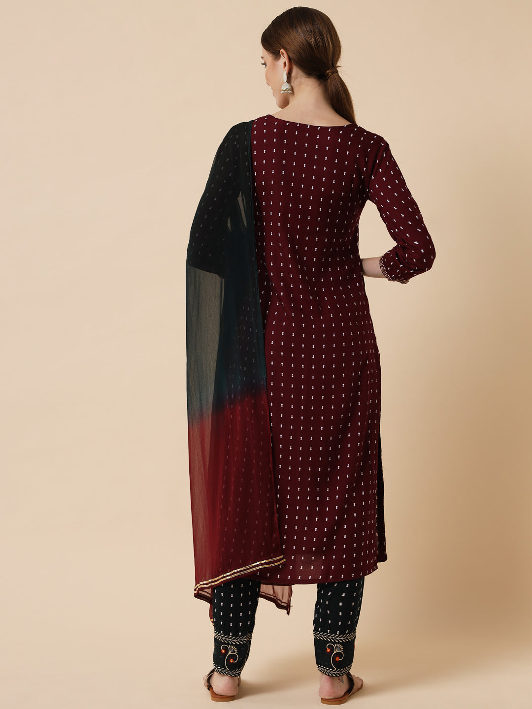 Women's Maroon Embroidered Kurta With Trouser With Dupatta