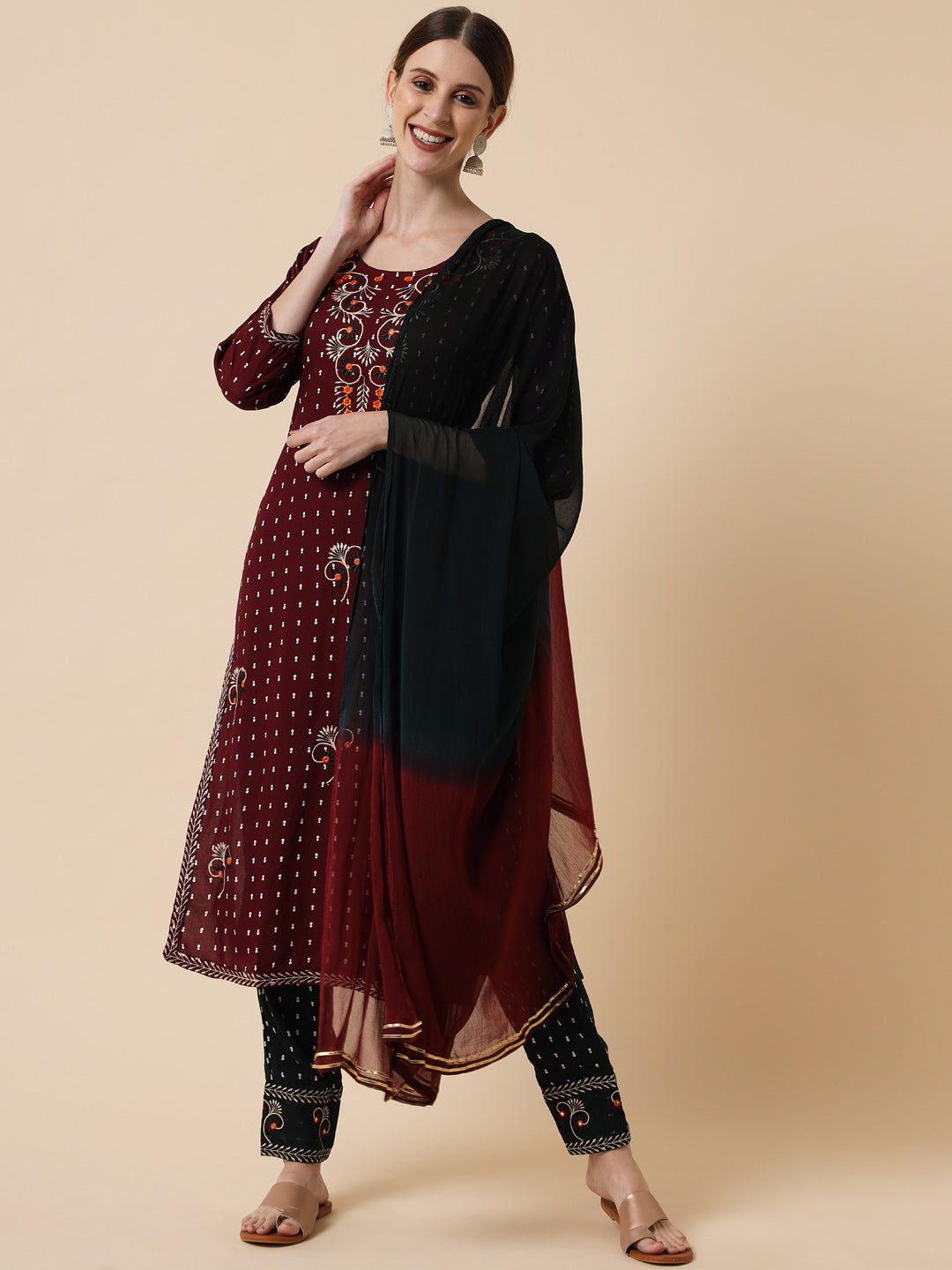 Women's Maroon Embroidered Kurta With Trouser With Dupatta