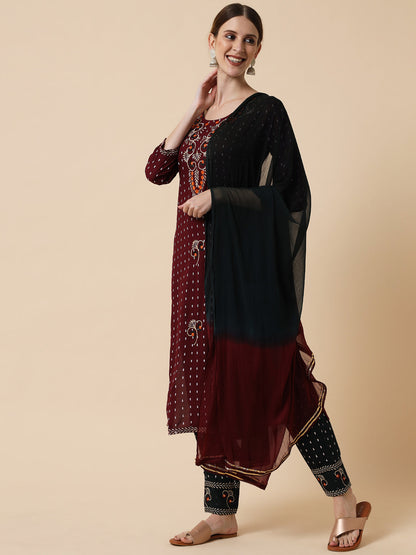Women's Maroon Embroidered Kurta With Trouser With Dupatta