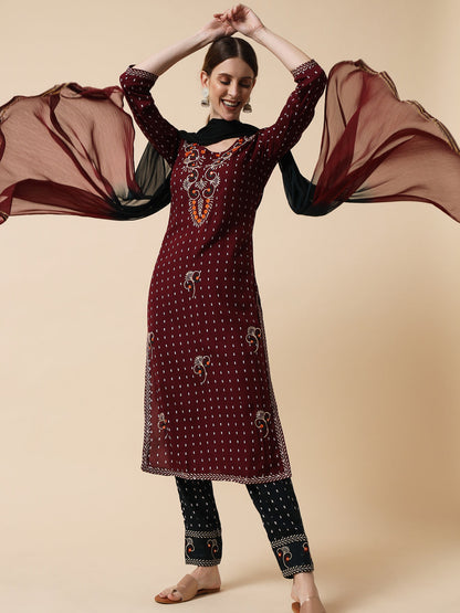 Women's Maroon Embroidered Kurta With Trouser With Dupatta