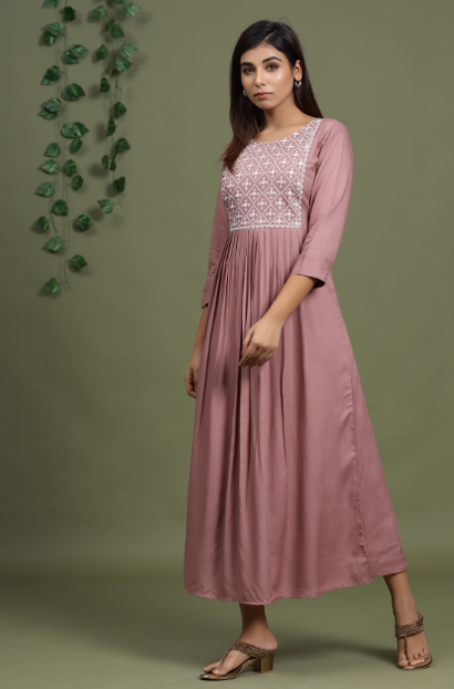 Women's Peach Coloured & White Embroidered Mirror Work Yoke Design A Line Dresses