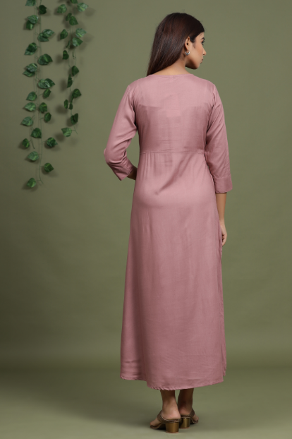Women's Peach Coloured & White Embroidered Mirror Work Yoke Design A Line Dresses