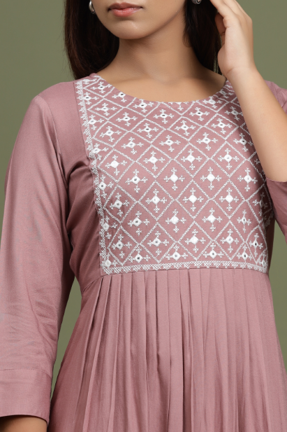 Women's Peach Coloured & White Embroidered Mirror Work Yoke Design A Line Dresses