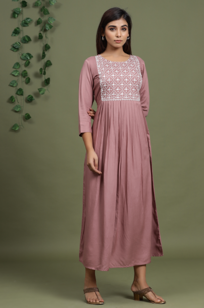 Women's Peach Coloured & White Embroidered Mirror Work Yoke Design A Line Dresses