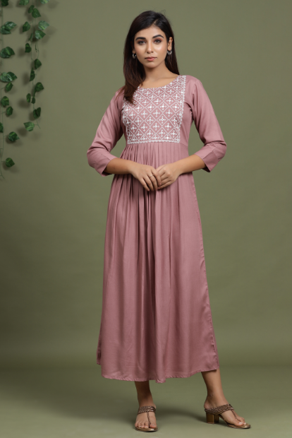 Women's Peach Coloured & White Embroidered Mirror Work Yoke Design A Line Dresses