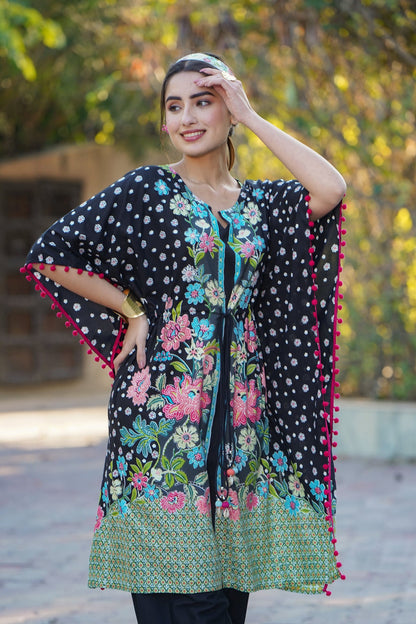 Women's  Black Rayon Printed Straight Kaftan