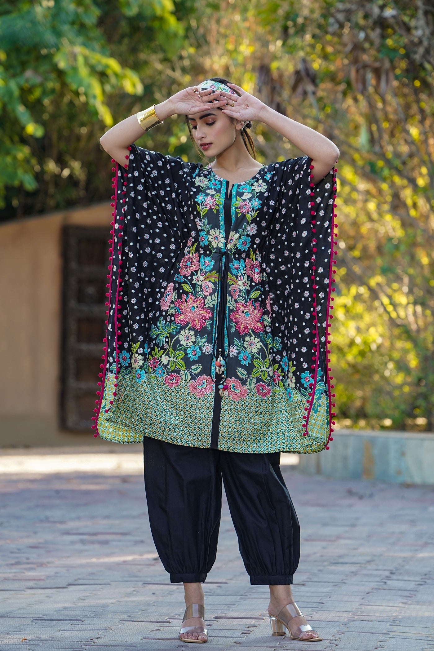 Women's  Black Rayon Printed Straight Kaftan