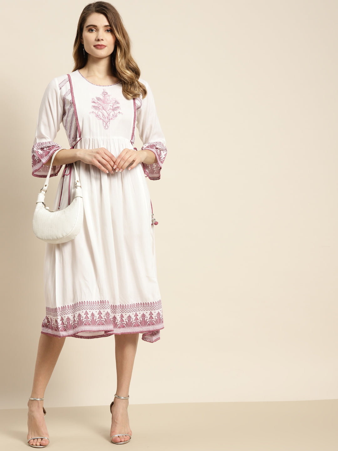 Women's  Purple Rayon Embroidered Flared Dress