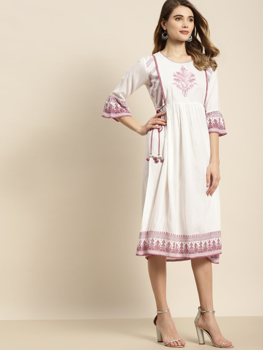Women's  Purple Rayon Embroidered Flared Dress