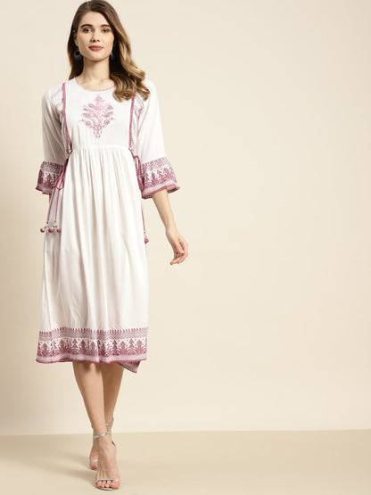 Women's  Purple Rayon Embroidered Flared Dress