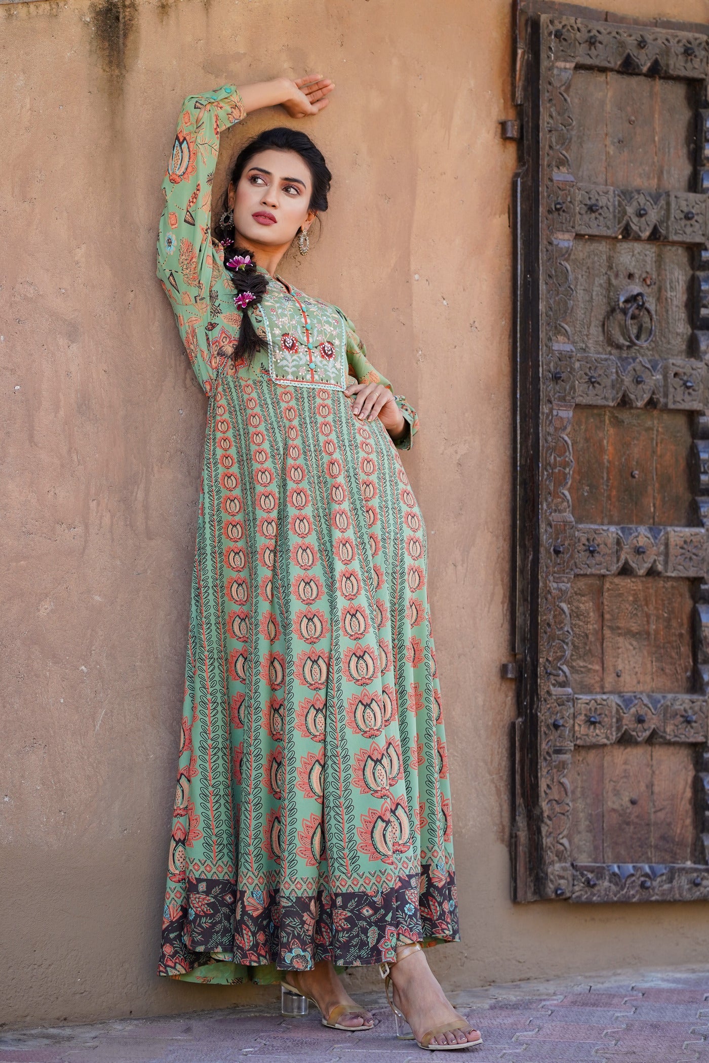 Women's  Green Rayon Printed Flared Dress