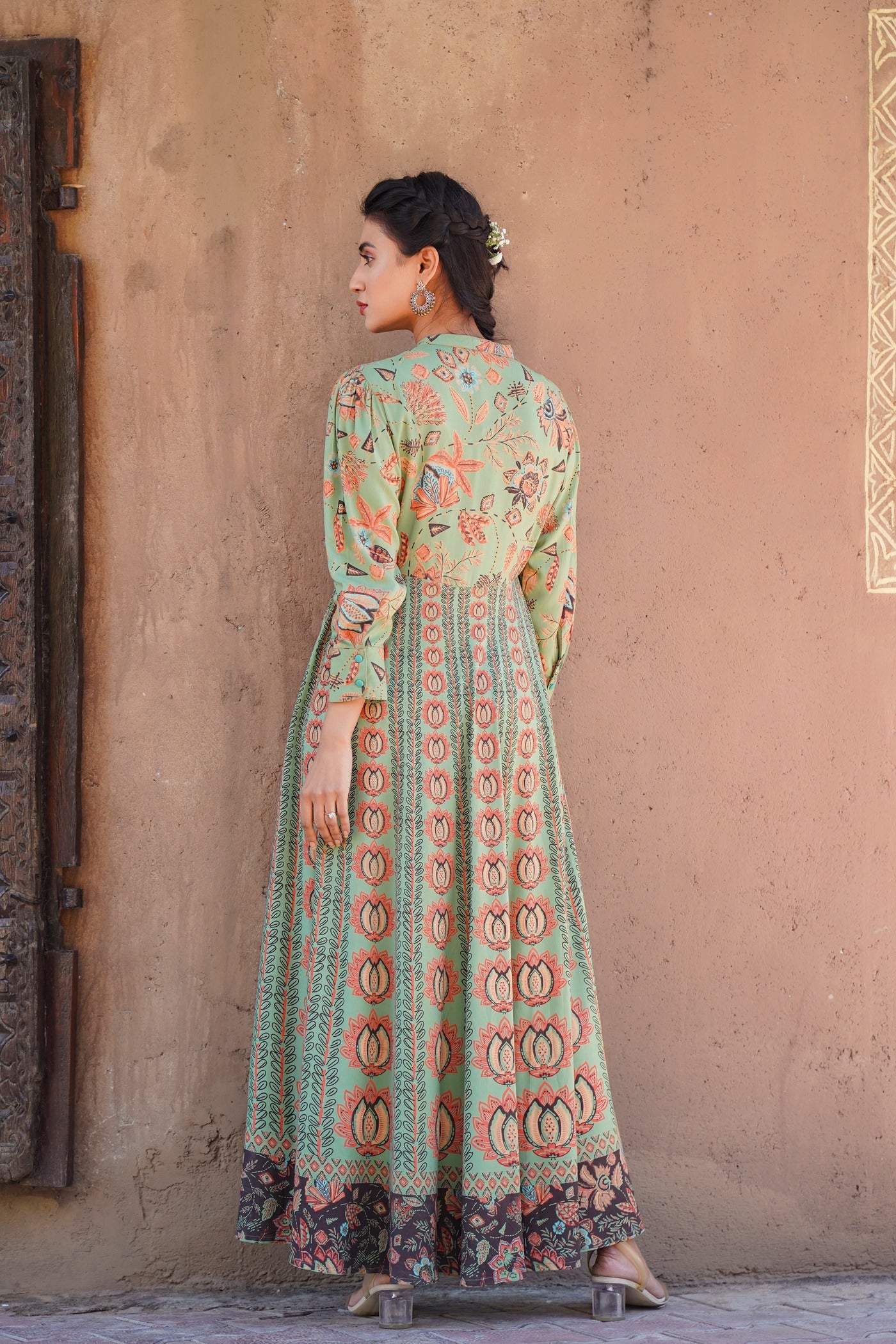 Women's  Green Rayon Printed Flared Dress